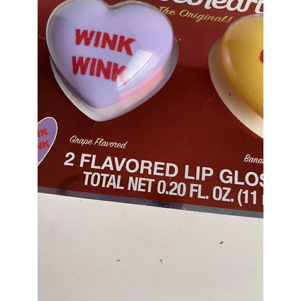 2 Pack Sweethearts Valentines‎ Flavored Lip Gloss Heart Shaped Banana Grape NEW